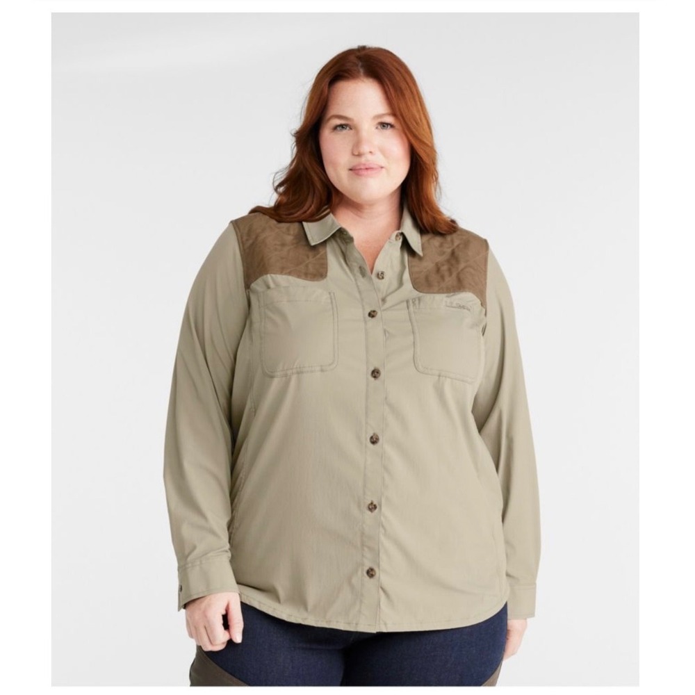 LL Bean Womens 1X Plus Technical Shooting Shirt Tan Nylon Ripstop Field Top